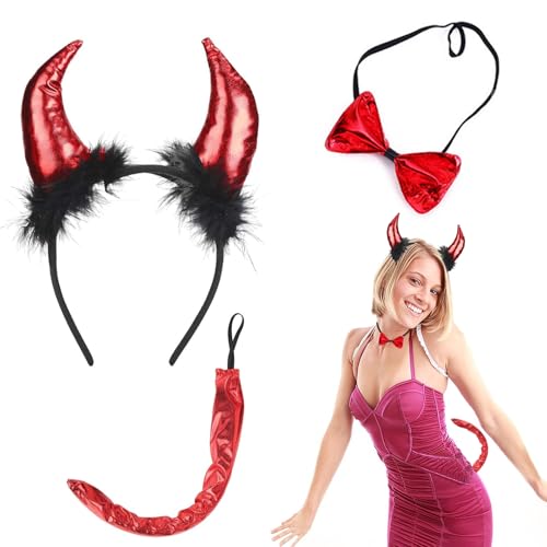 Teufelshörner Kostüm Set,3 Stück Teufelsohren Strinband mit Fliege Teufelsschwanz Teufel Hörner Haarreif Teufel Kostüm Damen Karneval Teufel Kit,Für Halloween,Karneval Cosplay. von SFSSHUI