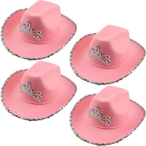 SGBETTER 4 Stück rosa Cowboyhut Cowgirl Hüte mit blinkenden Pailletten und Tiara Krone für Halloween Cosplay Dress Up Cowboy Party Zubehör (Stil 1) von SGBETTER