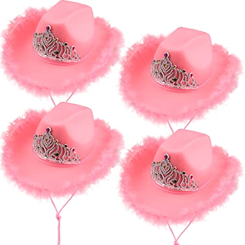SGBETTER 4 Stück rosa Cowboyhut Cowgirl Hüte mit blinkenden Pailletten und Tiara Krone für Halloween Cosplay Dress Up Cowboy Party Zubehör (Stil 3) von SGBETTER