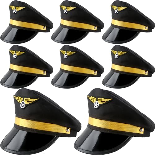 SGBETTER 8er-Pack Kinder Pilotatte Flugzeug Kapitän Hut Fluggesellschaft Pilothat für Jungen Mädchen Halloween Party Kleid Kostüm Zubehör (schwarz) von SGBETTER