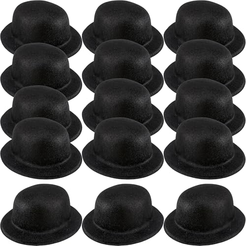 SGBETTER Bowler-Hüte aus Kunststoff, glitzernd, schwarz, Derby-Bowler-Hut, Deluxe-Bowler-Hüte für Erwachsene, Kinder, Halloween-Kostüm-Zubehör, 15 Stück von SGBETTER