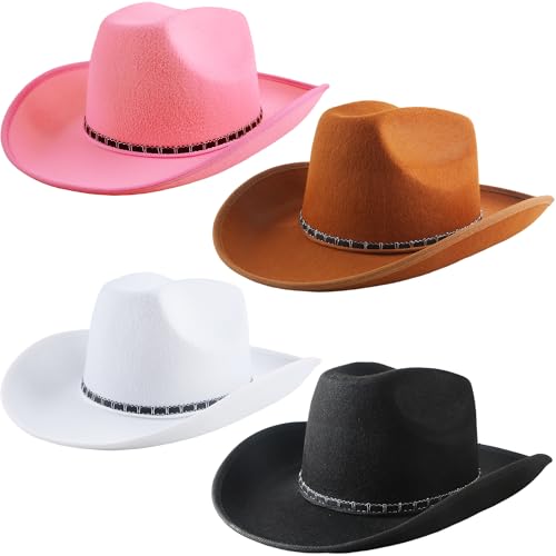 SGBETTER Cowboyhüte für Erwachsene, Filz, breite Krempe, Cowgirl-Hut, Western-Cowboyhut für Damen, Herren, Geburtstag, Junggesellinnenabschied, Kostümparty, 4 Stück (Farbset 1) von SGBETTER