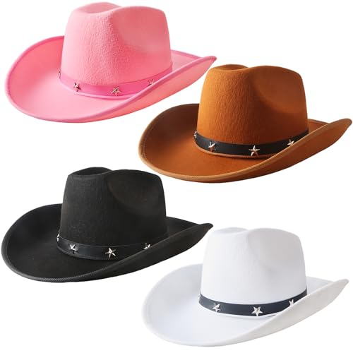 SGBETTER Cowboyhut für Erwachsene, Filz, Cowgirl-Hut, Western-texanischer Cowboyhut für Männer und Frauen, Western-Motto-Party, Verkleidung, 4 Stück (Farbset 1) von SGBETTER