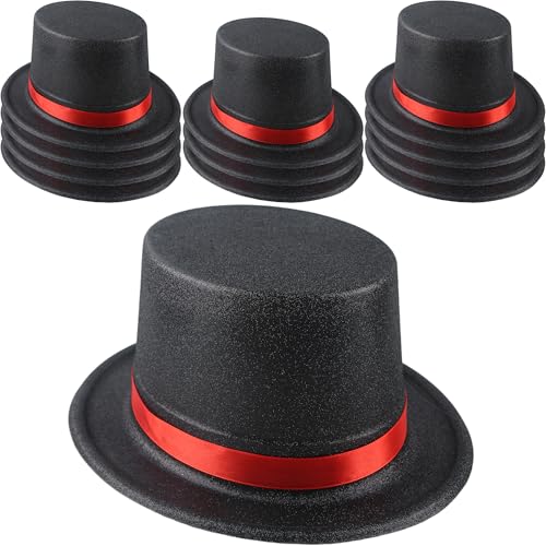 SGBETTER Zylinderhut für Erwachsene, schwarzer Glitzer-Zylinder mit rotem Band, Kunststoff-Zauberhut für Männer und Frauen, Verkleidungszubehör, 12 Stück (Farbstil 2 (PVC-Glitzer) von SGBETTER