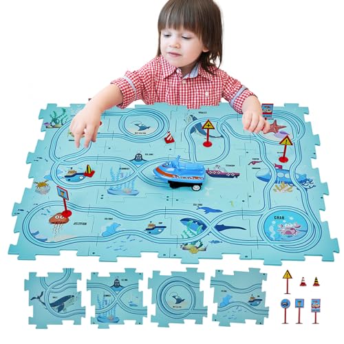 SGILE 12 TLG. STEM Straßenbauer Puzzlespiel für Kinder ab 3 Kleinkind, Rennen logisches Puzzle, Labyrinth Brettspiel mit Auto, Spielset Spielzeug für Jungen Mädchen 3-7 Jahre, Geschenk (Ozean) von SGILE