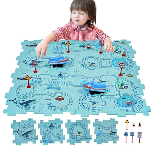 SGILE 30 TLG. STEM Straßenbauer Puzzlespiel für Kinder ab 3 Jahre, Kleinkind, Rennen logisches Puzzle, Labyrinth Brettspiel mit Auto, Spielset Spielzeug für Jungen Mädchen 3-7 Jahre, Geschenk (Ocean) von SGILE