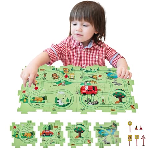 SGILE 8 TLG. STEM Straßenbauer Puzzlespiel für Kinder ab 3 Kleinkind, Rennen logisches Puzzle, Labyrinth Brettspiel mit Auto, Spielset Spielzeug für Jungen Mädchen 3-7 Jahre, Geschenk (Wald) von SGILE