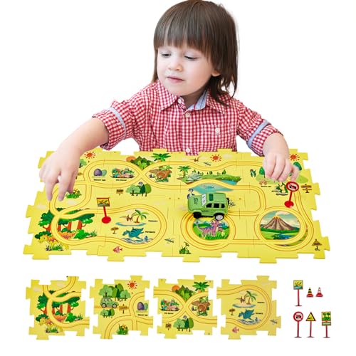 SGILE 8 TLG. STEM Straßenbauer Puzzlespiel für Kinder ab 3 Kleinkind, Rennen logisches Puzzle, Labyrinth Brettspiel mit Auto, Spielset Spielzeug für Jungen Mädchen 3-7 Jahre, Geschenk (Dinosaurier) von SGILE