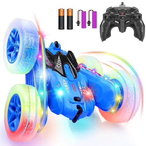 SGILE Ferngesteuertes Stunt Auto Mit LED-Lichtern, 2,4Ghz Doppelseitiges 360° Drehendes RC Auto, Wiederaufladbares Kinderspielzeug für Jungen Mädchen Geburtstagsgeschenk, Blau von SGILE