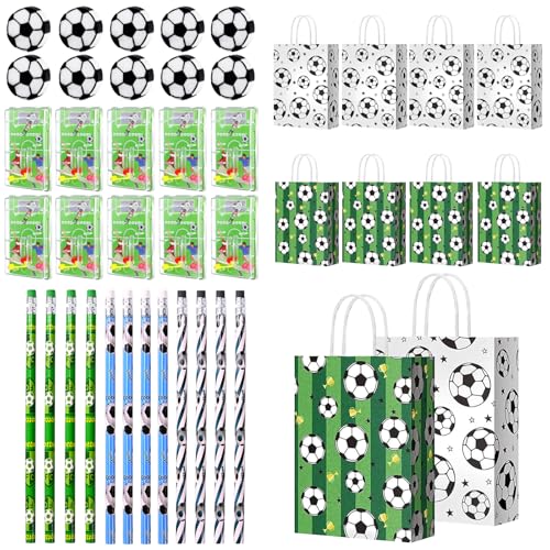 SGQTGIMU 42 Stück Fußball Mitgebsel Set, 12 Fußball-Bleistifte, 10 Fußball Radiergummis, 10 Fußball Geschenktüten, 10 Fußball-Flipperspiele, ideal als Gastgeschenke für Kindergeburtstag Fußballparty von SGQTGIMU