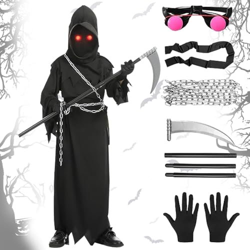 Halloween-Kostüm für Kinder und Erwachsene, 7-teiliges Halloween-Kostüm, Sensenmann-Set mit Sensenmann, leuchtenden Augen, Kette, Handschuhen und Gürtel, gruseliger Sensenmann, Kostüm für Halloween Halloween-Kostüm für Kinder und Erwachsene, 7-teiliges Halloween-Kostüm, Sensenmann-Set mit Sensenmann, leuchtenden Augen, Kette, Handschuhen und Gürtel, gruseliger Sensenmann, Kostüm für Halloween von SGZIOO