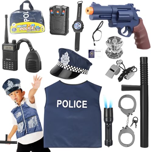 SGZIOO 12 Stück Polizei Kostüm Kinder, Polizei Ausrüstung Kinder, polizei Kostüm Zubehör Inklusive Weste,Polizeimütze,Handschellen,Walkie Talkie,Police Costume Kids Rollenspiele für Halloween Karneval von SGZIOO