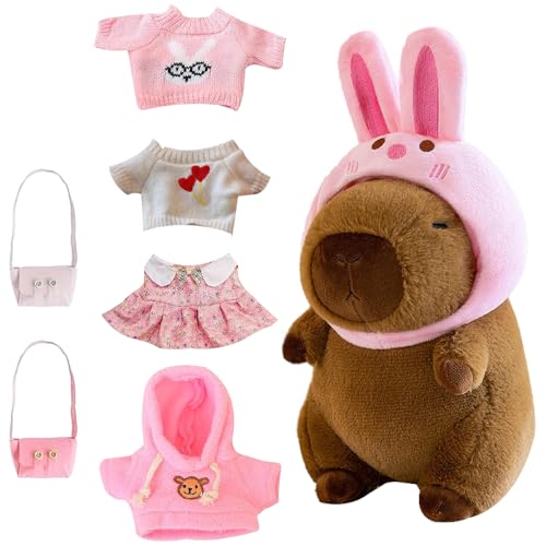 SGZIOO Capybara Plüschtier 23 cm, Capybara Kuscheltier mit Kleidung Accessoires, Niedliche Wasserschwein Plüschtier, mit Hut, 4 Kleidung, 2 Tasche, Kabibara Stofftier für Kinder Geschenke, Home Deko von SGZIOO