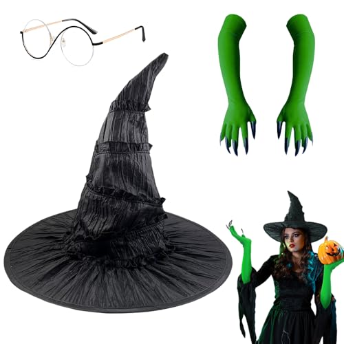 SGZIOO Elphaba Hexen Zubehör, 3 Stück Set Witch Costume, mit Hexenhut, Elphie Brille, Glinda Handschuhe, Halloween Hexenkostüm Damen, für Karneval Kostümparty, Halloween Hexe Cosplay Dress Up SGZIOO Elphaba Hexen Zubehör, 3 Stück Set Witch Costume, mit Hexenhut, Elphie Brille, Glinda Handschuhe, Halloween Hexenkostüm Damen, für Karneval Kostümparty, Halloween Hexe Cosplay Dress Up von SGZIOO