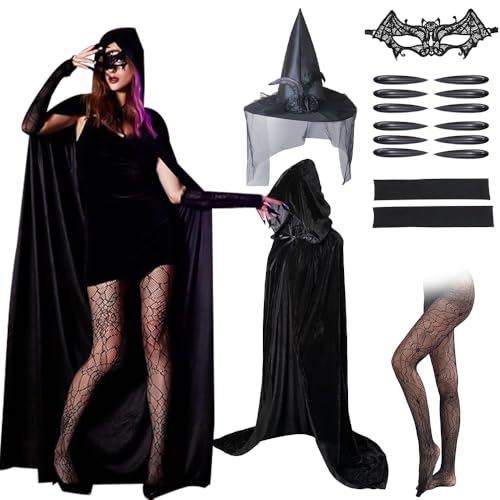 SGZIOO Hexenkostüme für Damen, Hexenkostüm für Damen mit Spitze Hexenhut, schwarzer Umhang, Handschuhe, Strümpfe, Augenklappe, Nagelaufkleber, Erwachsenenkostüm für Halloween, Party, Damen Dress Up SGZIOO Hexenkostüme für Damen, Hexenkostüm für Damen mit Spitze Hexenhut, schwarzer Umhang, Handschuhe, Strümpfe, Augenklappe, Nagelaufkleber, Erwachsenenkostüm für Halloween, Party, Damen Dress Up von SGZIOO