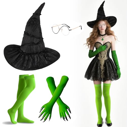 SGZIOO Wicked Costumes Set, Elphaba Costume Adult, Include Witches Hat, Elphaba Glasses, Green Gloves With Claws, Thigh High Strümpfe, Wicked Witch Costume Adult, for Halloween Cosplay Party Dress Up SGZIOO Wicked Costumes Set, Elphaba Costume Adult, Include Witches Hat, Elphaba Glasses, Green Gloves With Claws, Thigh High Strümpfe, Wicked Witch Costume Adult, for Halloween Cosplay Party Dress Up von SGZIOO