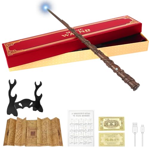 SGZIOO Zauberstab, 35cm Zauberstab mit Licht, USB Aufladung Elderstab, Magic Wand in Geschenkbox mit Landkarte, Zauberspruch Karte, Fahrkarte und Zauberstabhalter, für Halloween, Cosplay, Karneval (B) von SGZIOO