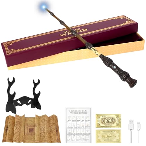 SGZIOO Zauberstab, 35cm Zauberstab mit Licht, USB Aufladung Elderstab, Magic Wand in Geschenkbox mit Landkarte, Zauberspruch Karte, Fahrkarte und Zauberstabhalter, für Halloween, Karneval, Cosplay (A) von SGZIOO