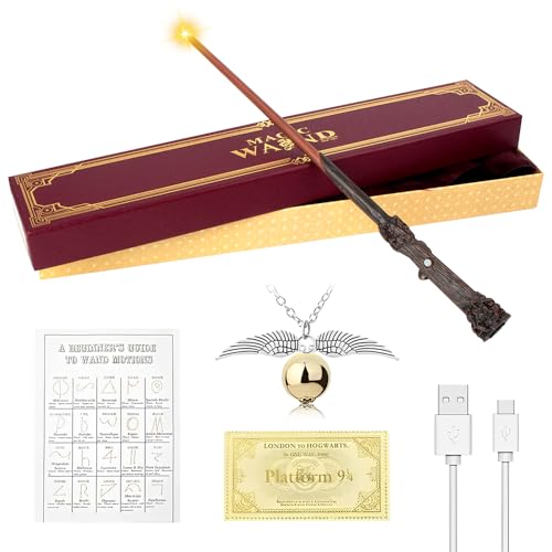 SGZIOO Zauberstab, 35cm Zauberstab mit Licht, USB Aufladung Elderstab, Magic Wand in Geschenkbox mit Zauberspruch Karte, Fahrkarte und Halsketten, für Halloween, Cosplay, Karneval (C) von SGZIOO