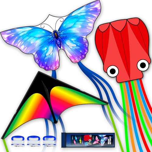 SGftre 3-teiliges Set Schmetterling, Delta und Oktopus Drachen für Jungen und Mädchen, Stranddrachen für Familien-Aktivitäten und Outdoor-Spiele (Rainbow Delta+Octopus Red+Blue Butterfly, 3) von SGftre