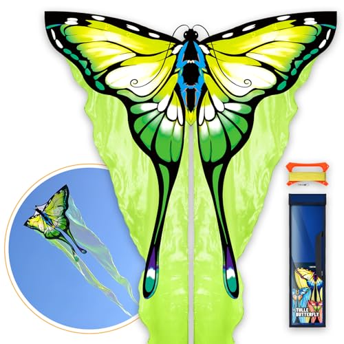 SGftre Grüner Tüll-Schmetterlingsdrachen, Einfach Zu Fliegender Drachen Für Kinder & Erwachsene, Perfekt Für Outdoor-Aktivitäten Und Urlaub, Ideal Mit Inkludiertem 100m Drachenschnur (Grün) von SGftre