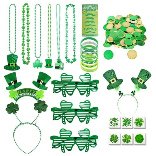 SHABD Grüne Patricks Day Dekorationen mit Grünen Brillen, Halsketten, Stirnbändern, Armbändern, Münzen, Tattoos und Aufklebern Set Kit für Patricks Day SHABD Grüne Patricks Day Dekorationen mit Grünen Brillen, Halsketten, Stirnbändern, Armbändern, Münzen, Tattoos und Aufklebern Set Kit für Patricks Day von SHABD