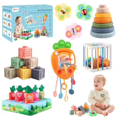6 in 1 Montessori Spielzeug Baby, Spielzeug Baby ab 6 bis 12 Monate, Sensorisches Baby Spielzeug, Motorikspielzeug, Stapelspielzeug, Silikon-Zugschnur-Aktivitätsspielzeug, Saugnapf-Kreiselspielzeug 6 in 1 Montessori Spielzeug Baby, Spielzeug Baby ab 6 bis 12 Monate, Sensorisches Baby Spielzeug, Motorikspielzeug, Stapelspielzeug, Silikon-Zugschnur-Aktivitätsspielzeug, Saugnapf-Kreiselspielzeug von SHAINE