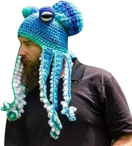 SHANGMAOYO Lustige Ritter Helm Beanie mit Bartmütze,Handgewebte Gestrickte Mütze, Erwachsene Lustige Cartoon Octopus Lange Tentakel Augen Hut Halloween Cosplay Skimaske (Type-A) von SHANGMAOYO