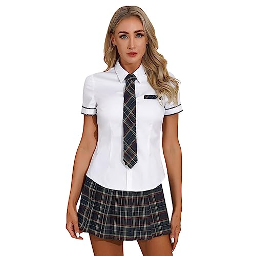 Womens Schoolgirls Cosplay Costume Japanese School Girl Uniform Sexy Clubwear Shirt with Plaid Skirt Tie Roleplay Outfit-Green A,M von SHANHE