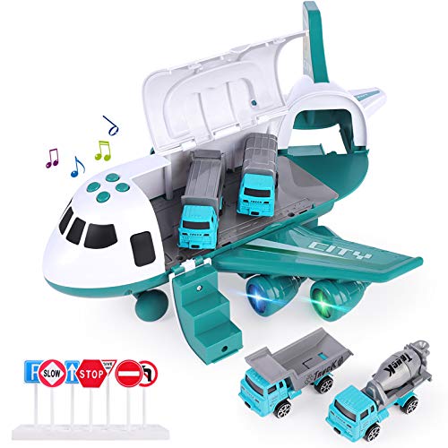 SHANNA Flugzeug Spielset, Trägheitsrad Flugzeug mit Fahrzeugen Lernspielzeug Set, 1 großes Flugzeug, 4 legiertes Auto für Kleinkinder über 3 Jahre (Sanitärfahrzeug-Grün) von SHANNA