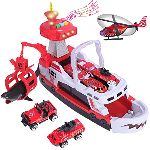 SHANNA Transport Flugzeug Spielzeug und Trägheitsrad Spielzeugboot, LKW Spielset, 1 Hubschrauber, 1 weißer Hai, 6 legiertes Auto, für Kleinkinder über 3 Jahre (Feuerwehrauto - Rot) von SHANNA