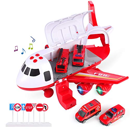 Shanna Flugzeug Spielset, Trägheitsrad Flugzeug mit Fahrzeugen Lernspielzeug Set, 1 großes Flugzeug, 4 legiertes Auto für Kleinkinder über 3 Jahre (Feuerwehrauto-Rot) von SHANNA