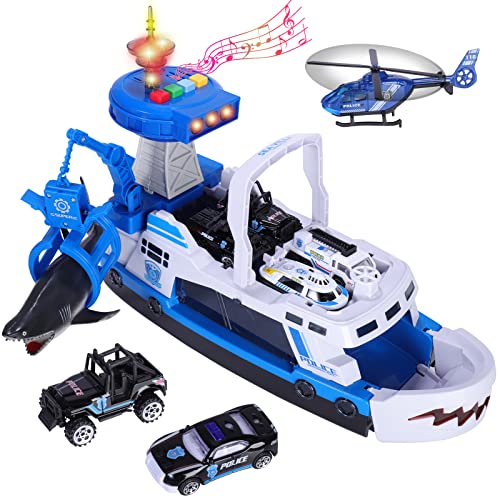 SHANNA Transport Flugzeug Spielzeug und Trägheitsrad Spielzeugboot, LKW Spielset, 1 Hubschrauber, 1 weißer Hai, 6 legiertes Auto, für Kleinkinder über 3 Jahre(Polizeiauto - Blau) von SHANNA
