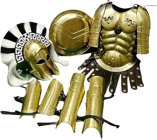 Mittelalter Römischer Krieger Rüstung Set Gold Muskel Kürass mit korinthischem Helm Spartan Schild Beinschützer Stahl Kampf Kostüm für Erwachsene Mittelalter Römischer Krieger Rüstung Set Gold Muskel Kürass mit korinthischem Helm Spartan Schild Beinschützer Stahl Kampf Kostüm für Erwachsene von SHAROOANTIPAZ