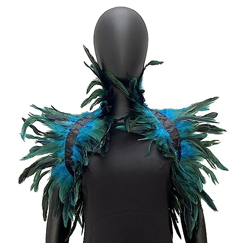 SHAVERUSH Federboa, Pfau Kostüm Damen, Gothic Feder Achselzucken Schalkragen Halskette Halloween Kostüm Epauletten, Umhang Schwarz Kostüm Damen Feder Umhang Cape für Halloween (Blauer See) von SHAVERUSH