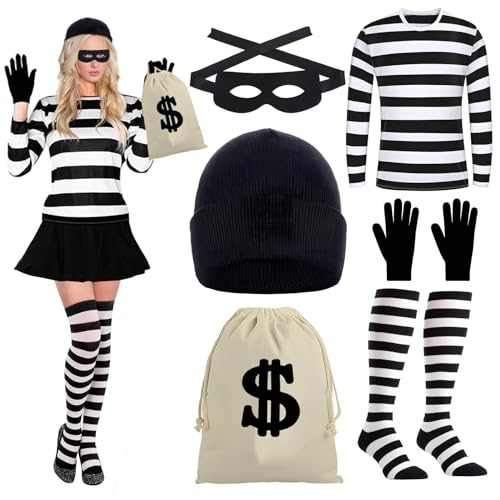 SHAWINKLE Bankräuber Kostüm Damen,Strickmütze,Maske,Handschuhe,Geldbeutel,Kniestrümpfe,T-Shirt,Räuber Kostüm Für Halloween Karneval Cosplay SHAWINKLE Bankräuber Kostüm Damen,Strickmütze,Maske,Handschuhe,Geldbeutel,Kniestrümpfe,T-Shirt,Räuber Kostüm Für Halloween Karneval Cosplay von SHAWINKLE