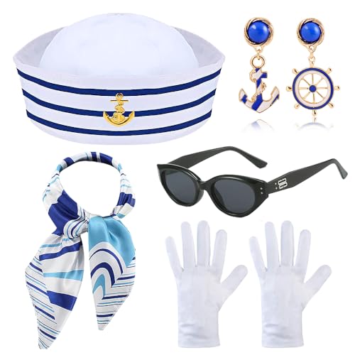 5 Stücke Kapitän Matrosen Accessoires,Marine Kostüm Matrosenmütze,Marine Kappe Kapitän Matrosen Mütze,Marine Ohrringe und Quadratische Schal,Sonnenbrille, für Cosplay Marine Outfit Verkleidungsparty von SHDIEHJFMLDH