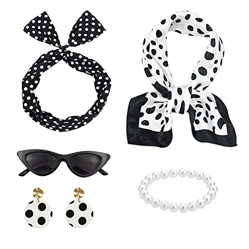 50er Jahre Damen accessoires rockabilly zubehör schwarz mit Chiffon Schal Katzen Auge Brille Polka Dot Bandana Krawatte Stirnband Ohrringe Ohrstecker für 60er jahre kleidung 1950s Kostüm Set von SHDIEHJFMLDH