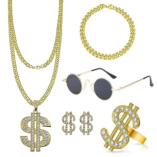 SHDIEHJFMLDH 5 Stück Hip Hop Kostüm Set, 80s 90s Hip Hop Rapper Accessories,Rapper Kette, Hip Hop Ketten, Hip Hop Dollar Ring,Gläser,Ohrringe für Fasching & Karneval Cosplay Kostüm von SHDIEHJFMLDH