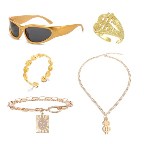 SHDIEHJFMLDH 5 Stück Hip Hop Kostüm Set, 80s 90s Hip Hop Rapper Accessories,Rapper Kette, Hip Hop Ketten, Hip Hop Dollar Ring,Gläser,für Fasching & Karneval Cosplay Kostüm SHDIEHJFMLDH 5 Stück Hip Hop Kostüm Set, 80s 90s Hip Hop Rapper Accessories,Rapper Kette, Hip Hop Ketten, Hip Hop Dollar Ring,Gläser,für Fasching & Karneval Cosplay Kostüm von SHDIEHJFMLDH