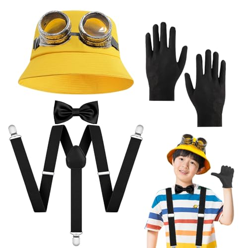 SHDIEHJFMLDH 5 Stücke Karneval Kostüm Kostüm Mütze Brille Handschuhe Gelb Hosenträger Karneval Kostüm für Damen Herren Kinder von SHDIEHJFMLDH