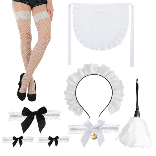 SHDIEHJFMLDH 7 Stück Maid kostüm damen,Maid Cosplay,Maid Kopfschmuck,Halskette,Beinringe,Schürze,Armband,Spitzensocken für Cosplay Maid Outfit Verkleidungsparty von SHDIEHJFMLDH