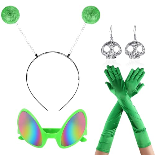SHDIEHJFMLDH Alien Kostüm Set Glitzer Bopper Stirnband Lange Handschuhe Grün Acryl UFO Ohrringe für Damen Verkleidung Erwachsene Kostüm Zubehör Alien Cosplay Kostümzubehör（Grün） von SHDIEHJFMLDH