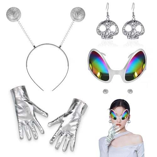 SHDIEHJFMLDH Alien Kostüm Set Glitzer, Bopper Stirnband Silber Lange Handschuhe UFO Ohrringe Verkleidung, Erwachsene Kostüm Zubehör für Damen von SHDIEHJFMLDH