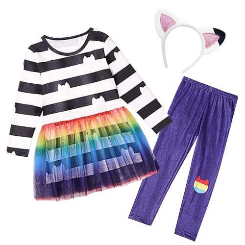 SHELOVESIT Regenbogen-Katzen-Geburtstags-Outfit für Mädchen, Regenbogen-Tutu, Halloween-Kostüm, Party (120 cm/5T-6T) von SHELOVESIT