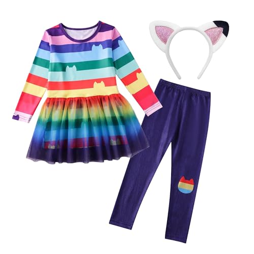 SHELOVESIT Regenbogen-Kleid für Mädchen, Tutu-Kostüm, Regenbogen-Katzenkostüm für Mädchen (130 cm/6T-7T) von SHELOVESIT