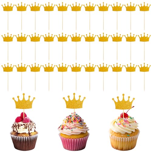 SHENLIU 50 Stück Kronen Cupcake Topper, Goldenem Glitzer Kuchen Dekorationen Prinzessinnen Kronen Cupcake Goldene Muffin Deko Kuchenaufsatz Für Hochzeit Geburtstag Babyparty Party Dekoration von SHENLIU