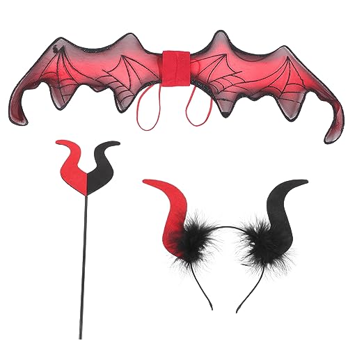 SHERCHPRY 1 Satz Halloween-Kostüm-Requisiten Halloween-Teufelsflügel Hörner Halloween-Accessoires Stirnband aus Ochsenhorn Flügelstütze Zauberstab Gittergewebe von SHERCHPRY