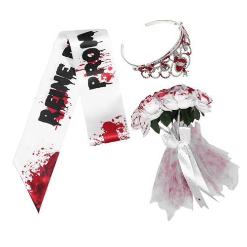 SHERCHPRY Halloween Zombie Braut Kostüm Set mit Roter Tiara Sash und Strauß Spuk Braut Party Outfit für Zombie Queen Prom Cosplay und Halloween Verkleidung von SHERCHPRY