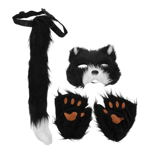 SHERCHPRY Realistisches Katzenkostüm Set Flauschige Maske Plüsch Pfotenhandschuhe Kunstfell Weiches Hautfreundliches Material Vielseitig für Halloween Cosplay Maskerade Partys von SHERCHPRY